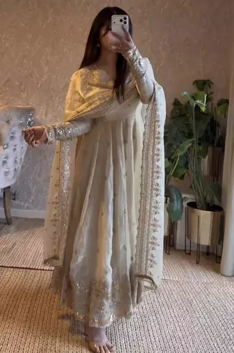 Off-white silk blend embroidered flared gown set