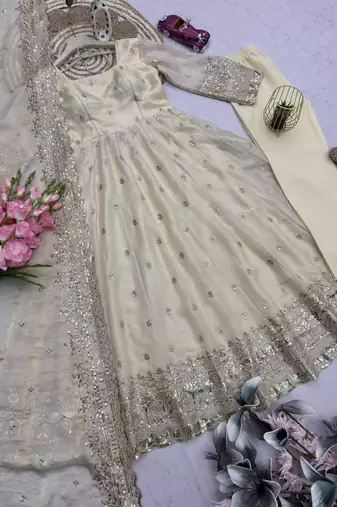 Off-white silk blend embroidered flared gown set