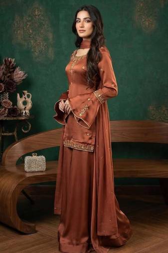 Brown crepe embroidered palazzo set