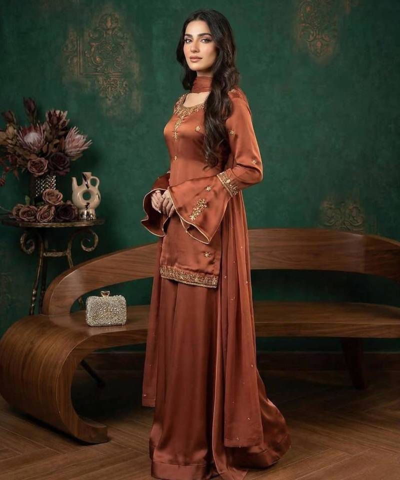 Brown crepe embroidered palazzo set