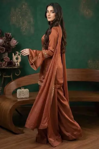 Brown crepe embroidered palazzo set