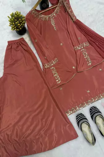 Brown crepe embroidered palazzo set