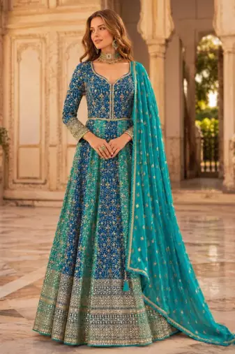 Blue faux georgette hand embroidery flared gown set