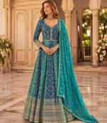 Blue faux georgette hand embroidery flared gown set