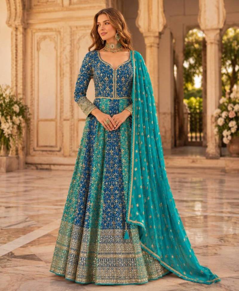 Blue faux georgette hand embroidery flared gown set