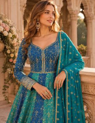 Blue faux georgette hand embroidery flared gown set 2