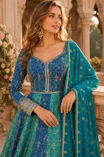 Blue faux georgette hand embroidery flared gown set