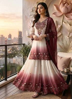 Wine And White Color Embroidery And Thread Work Georgette Salwar Suit 1