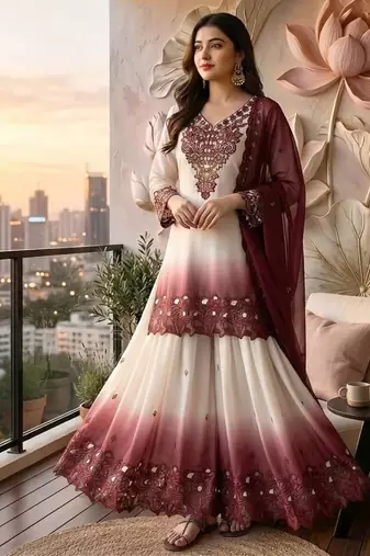Wine And White Color Embroidery And Thread Work Georgette Salwar Suit