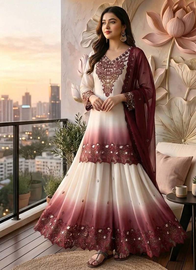 Wine And White Color Embroidery And Thread Work Georgette Salwar Suit