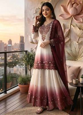 Wine And White Color Embroidery And Thread Work Georgette Salwar Suit 2