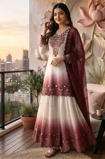 Wine And White Color Embroidery And Thread Work Georgette Salwar Suit