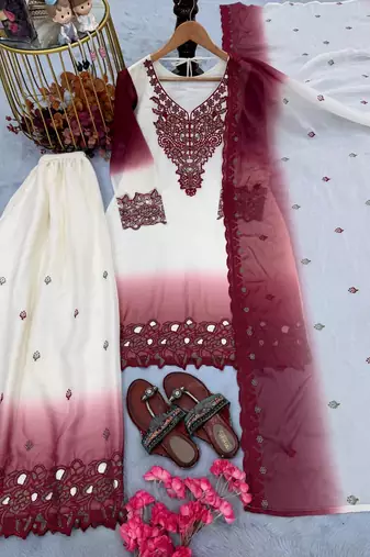 Wine And White Color Embroidery And Thread Work Georgette Salwar Suit