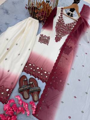 Wine And White Color Embroidery And Thread Work Georgette Salwar Suit 4