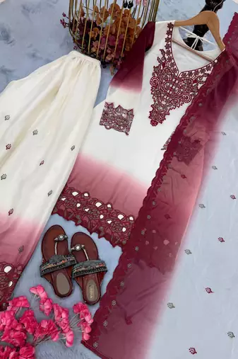 Wine And White Color Embroidery And Thread Work Georgette Salwar Suit