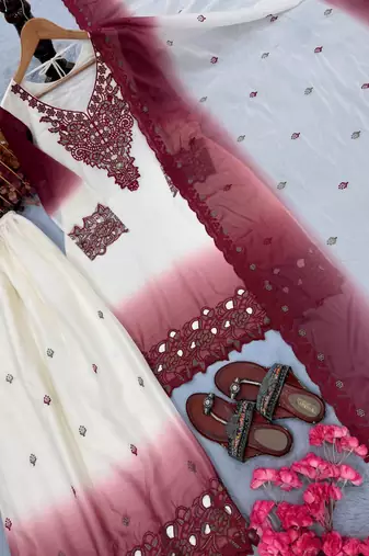 Wine And White Color Embroidery And Thread Work Georgette Salwar Suit