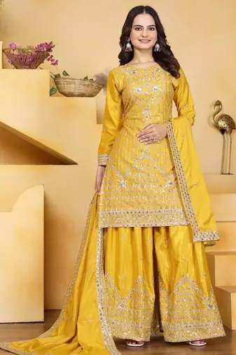 Yellow silk embroidered sharara set