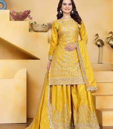 Yellow silk embroidered sharara set