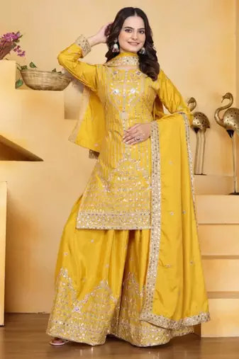 Yellow silk embroidered sharara set