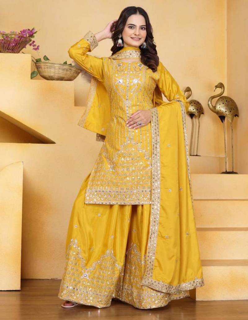 Yellow silk embroidered sharara set