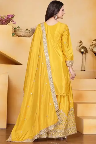 Yellow silk embroidered sharara set