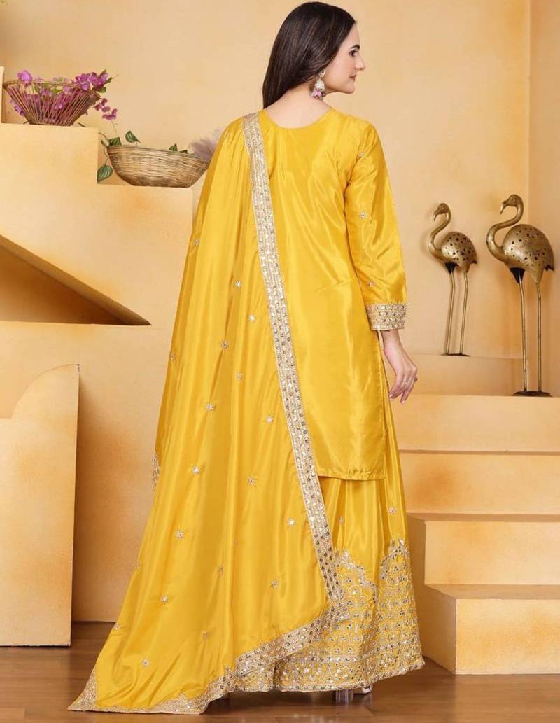 Yellow silk embroidered sharara set