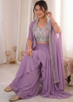 Lavender silk blend embroidered sharara set 1