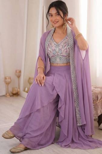 Lavender silk blend embroidered sharara set