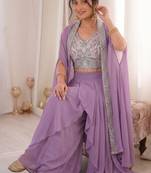 Lavender silk blend embroidered sharara set