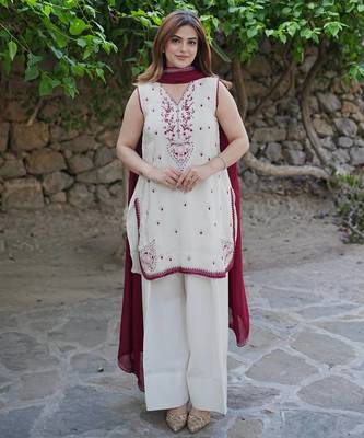 white color beautiful embroidery thread work silk blend kurti palazzo set 1