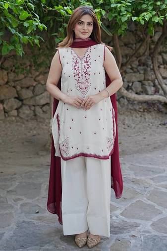 white color beautiful embroidery thread work silk blend kurti palazzo set