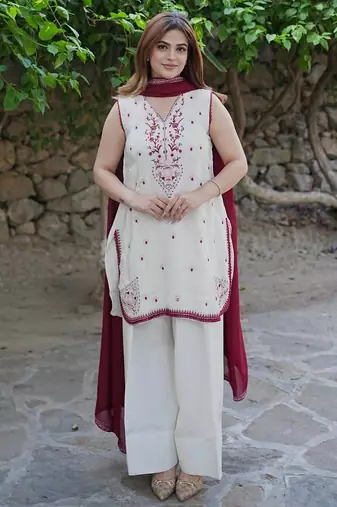 white color beautiful embroidery thread work silk blend kurti palazzo set