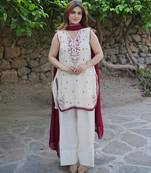 white color beautiful embroidery thread work silk blend kurti palazzo set