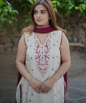white color beautiful embroidery thread work silk blend kurti palazzo set 2
