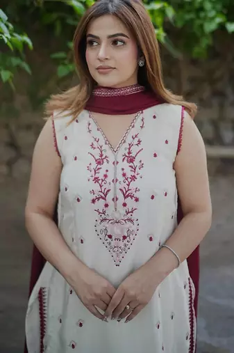 white color beautiful embroidery thread work silk blend kurti palazzo set