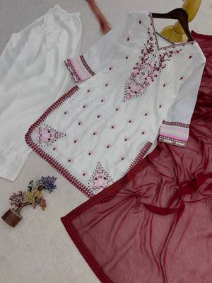 white color beautiful embroidery thread work silk blend kurti palazzo set 3