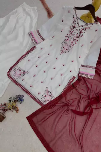 white color beautiful embroidery thread work silk blend kurti palazzo set