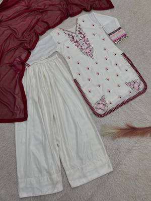 white color beautiful embroidery thread work silk blend kurti palazzo set 4