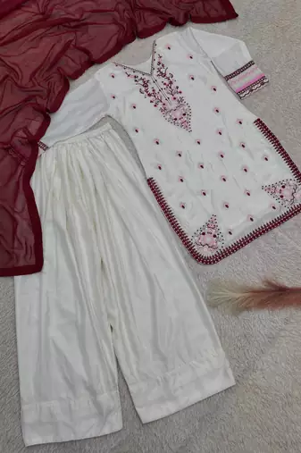 white color beautiful embroidery thread work silk blend kurti palazzo set