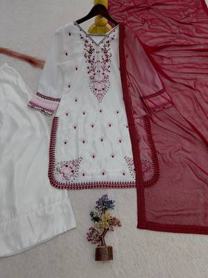 white color beautiful embroidery thread work silk blend kurti palazzo set 5