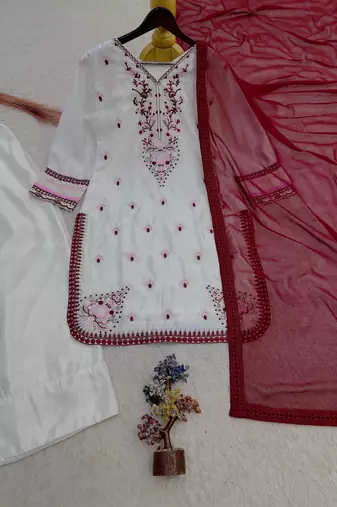 white color beautiful embroidery thread work silk blend kurti palazzo set