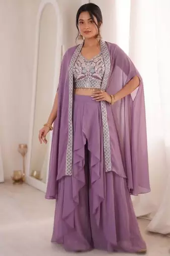 Lavender silk blend embroidered sharara set