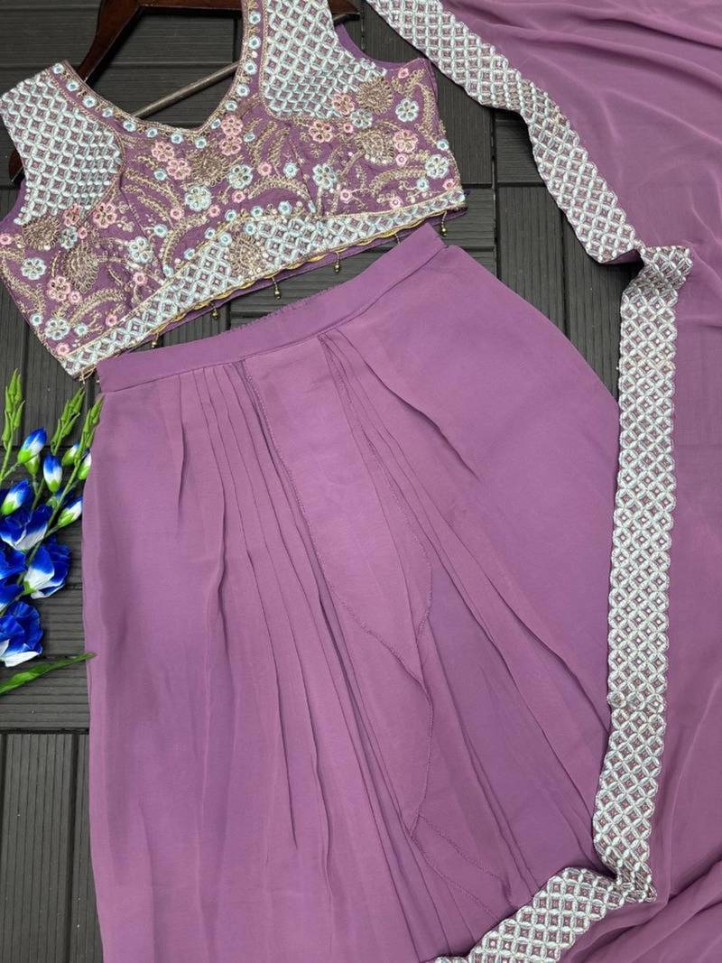 Lavender silk blend embroidered sharara set