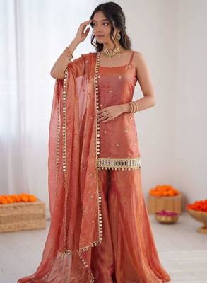 Orange art silk thread embroidery palazzo set 1