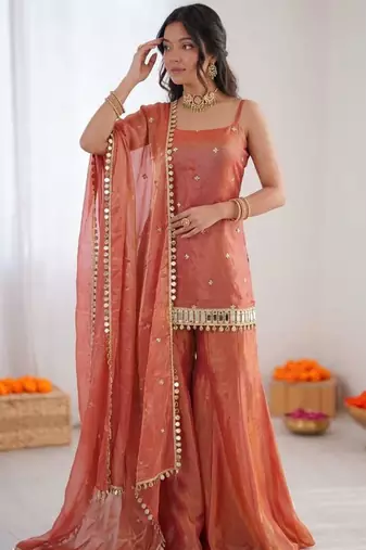 Orange art silk thread embroidery palazzo set
