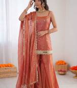 Orange art silk thread embroidery palazzo set