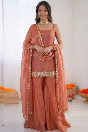 Orange art silk thread embroidery palazzo set