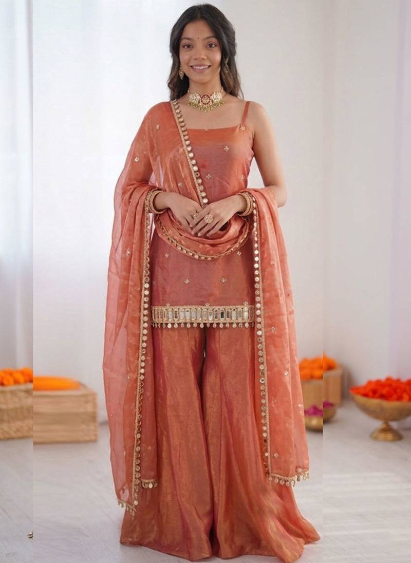 Orange art silk thread embroidery palazzo set
