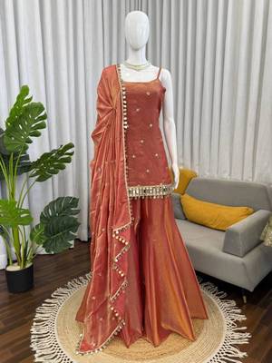 Orange art silk thread embroidery palazzo set 3