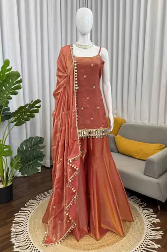 Orange art silk thread embroidery palazzo set
